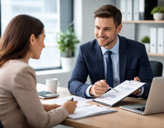 Asesor fiscal reunido con cliente autónomo en oficina revisando IVA