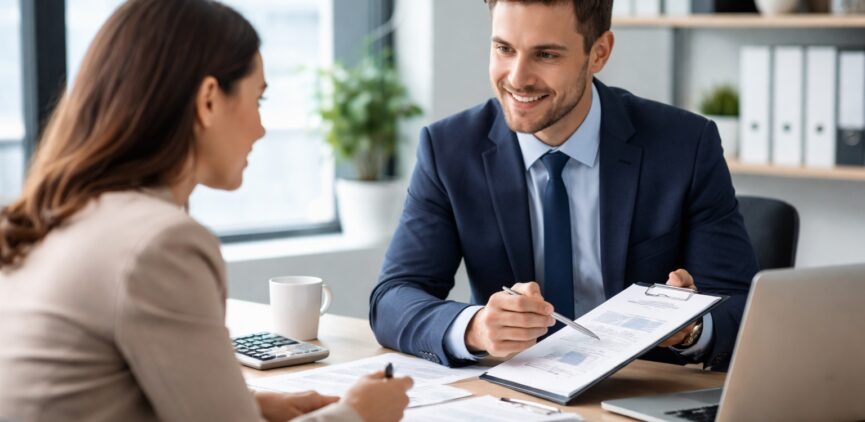 Asesor fiscal reunido con cliente autónomo en oficina revisando IVA