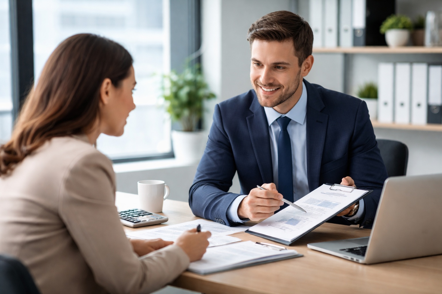 Asesor fiscal reunido con cliente autónomo en oficina revisando IVA