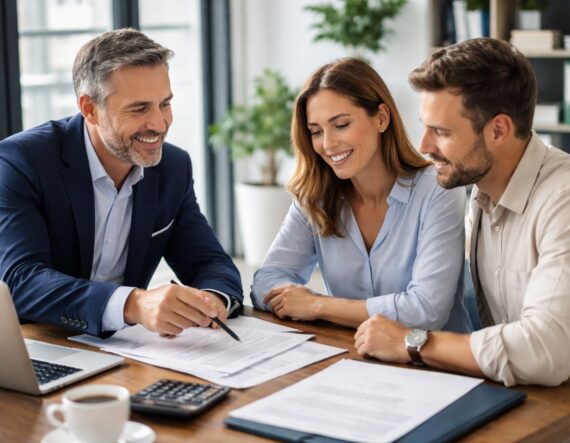 Asesor fiscal reunido con clientes en una oficina revisando documentación laboral