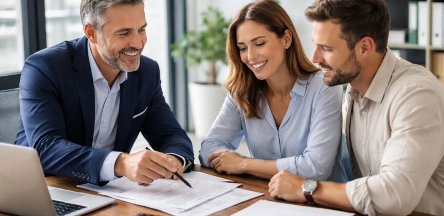 Asesor fiscal reunido con clientes en una oficina revisando documentación laboral