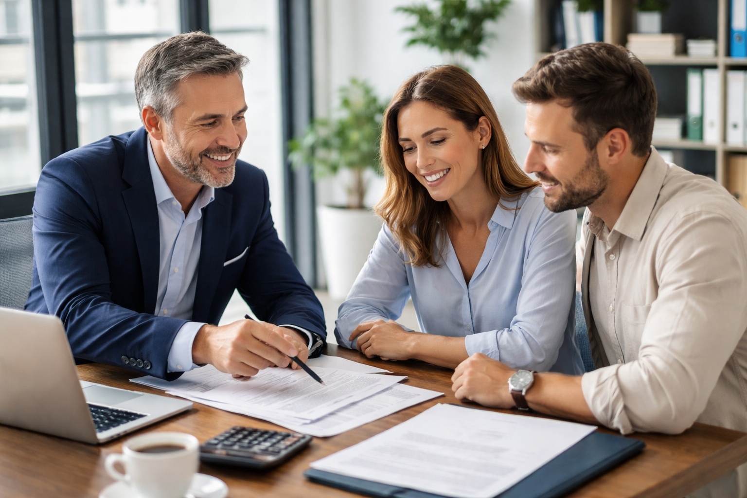 Asesor fiscal reunido con clientes en una oficina revisando documentación laboral