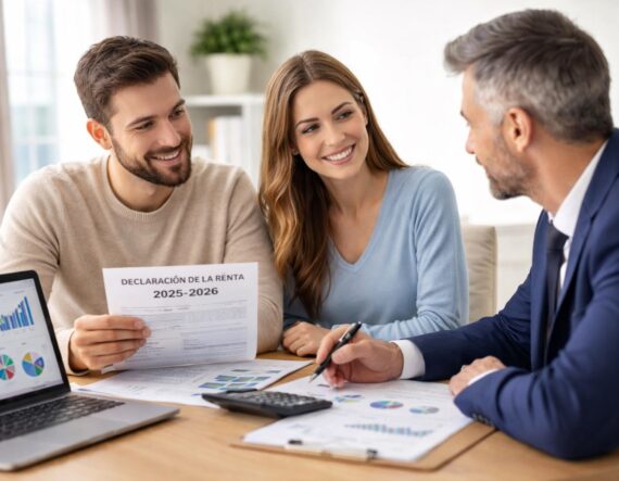 Pareja reunida con asesor fiscal revisando la declaración de la renta 2025-2026 y deducciones autonómicas
