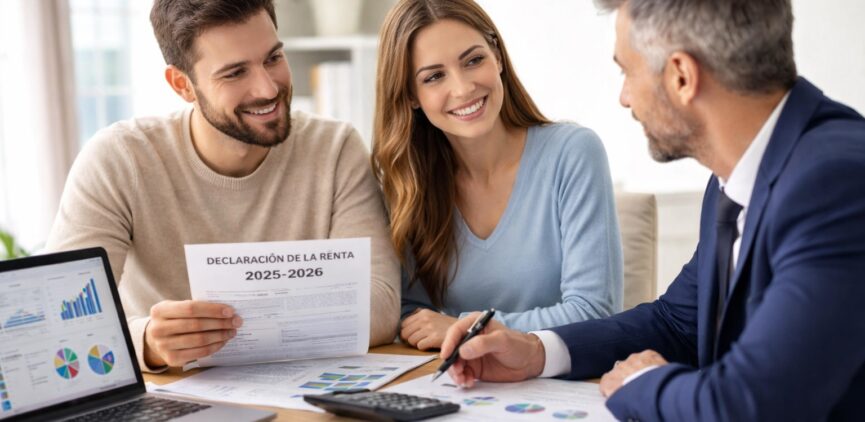 Pareja reunida con asesor fiscal revisando la declaración de la renta 2025-2026 y deducciones autonómicas