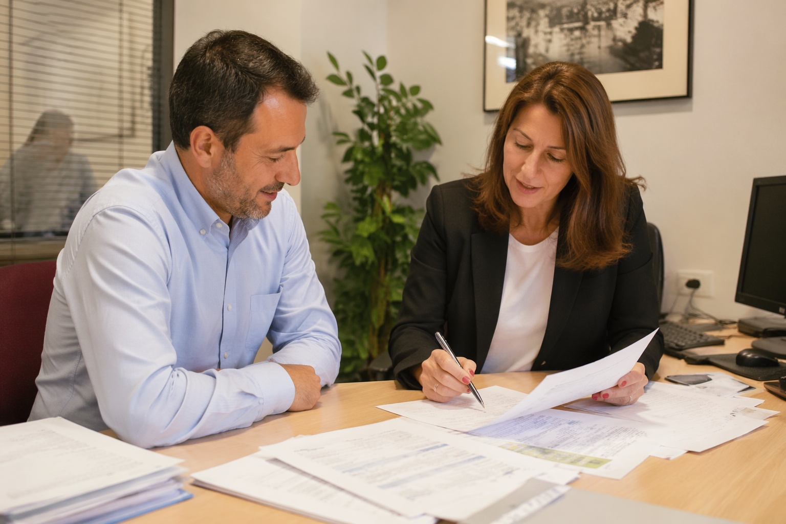 Cliente reunido con asesora fiscal revisando documentos de la declaración de la renta en una oficina