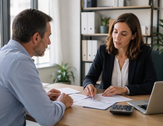 Asesora fiscal explicando a un cliente qué ayudas declarar en la renta 2025