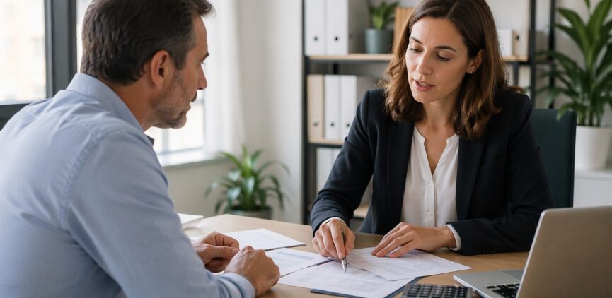 Asesora fiscal explicando a un cliente qué ayudas declarar en la renta 2025