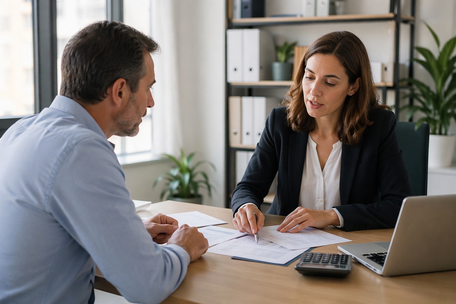 Asesora fiscal explicando a un cliente qué ayudas declarar en la renta 2025