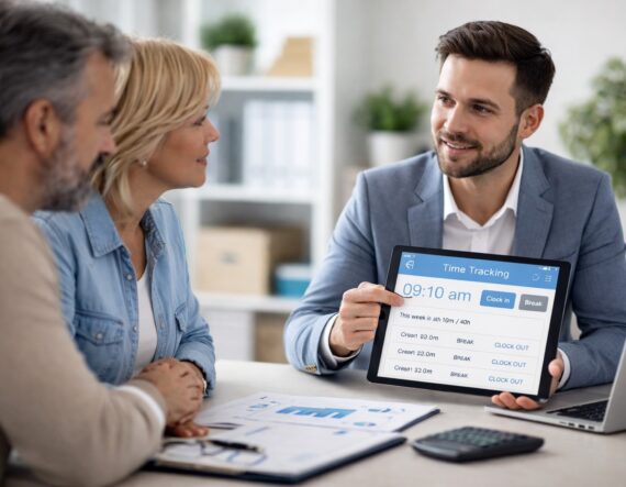 Asesor mostrando en una tablet un sistema de control horario a una pareja, en relación con la nueva normativa de registro de jornada para autónomos