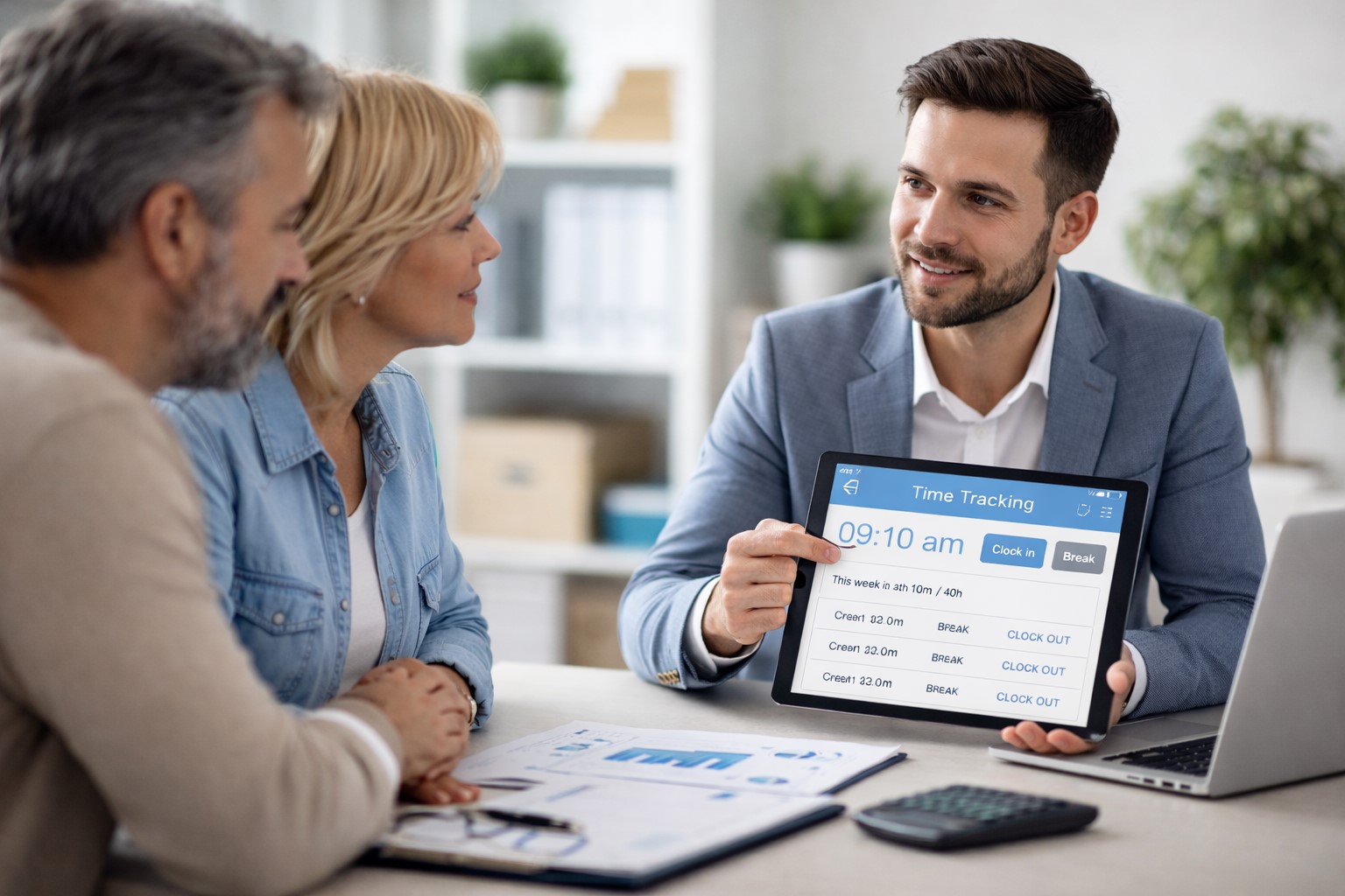 Asesor mostrando en una tablet un sistema de control horario a una pareja, en relación con la nueva normativa de registro de jornada para autónomos