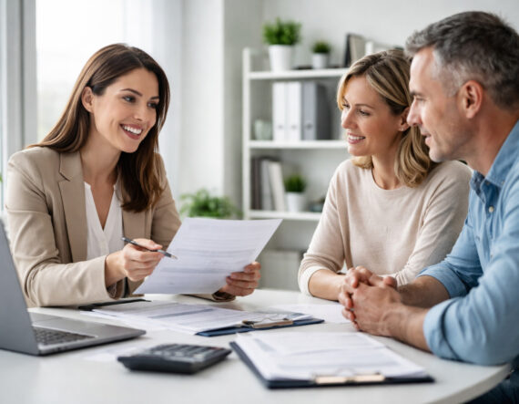 Gestora asesorando a una pareja sobre deducciones de la renta 2025-2026 en una oficina