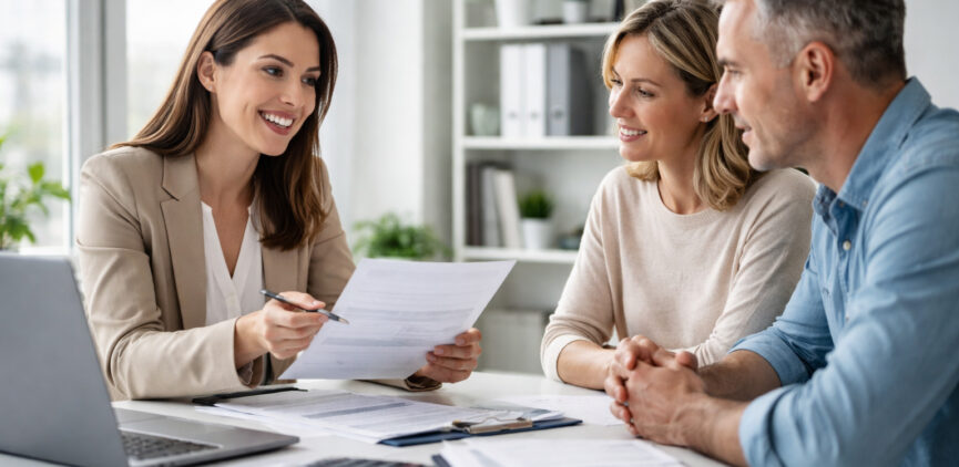 Gestora asesorando a una pareja sobre deducciones de la renta 2025-2026 en una oficina