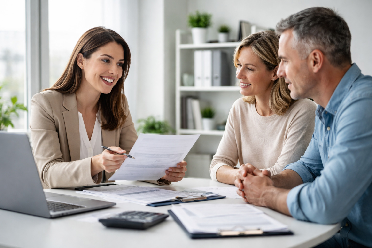Gestora asesorando a una pareja sobre deducciones de la renta 2025-2026 en una oficina