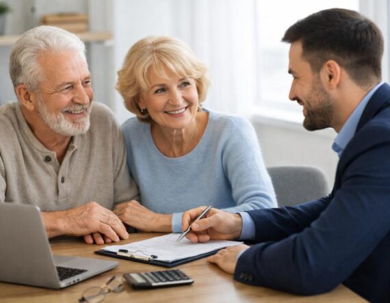 Pareja de jubilados recibiendo asesoramiento fiscal sobre la declaración de la renta con un asesor financiero, revisando deducciones en una mesa con documentos.