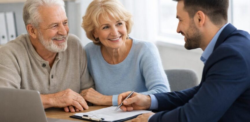 Pareja de jubilados recibiendo asesoramiento fiscal sobre la declaración de la renta con un asesor financiero, revisando deducciones en una mesa con documentos.