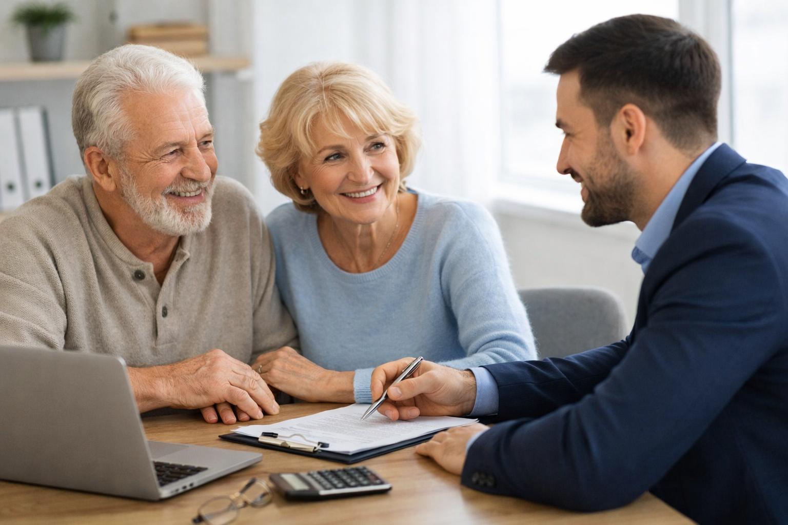 Pareja de jubilados recibiendo asesoramiento fiscal sobre la declaración de la renta con un asesor financiero, revisando deducciones en una mesa con documentos.