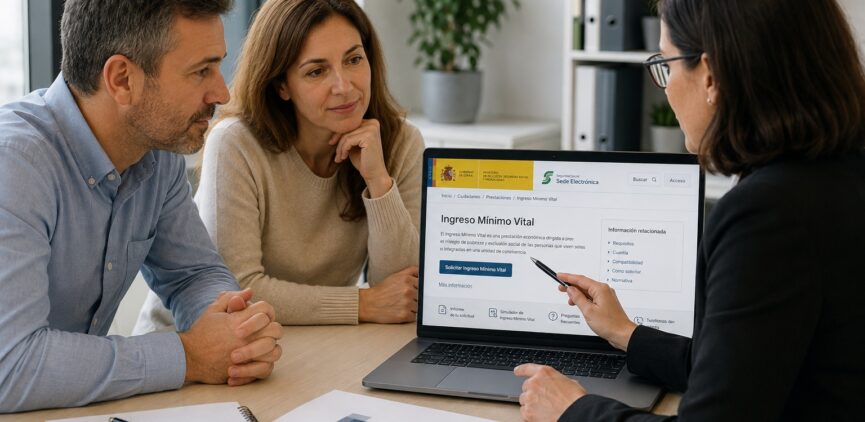Pareja consultando con una asesora sobre el Ingreso Mínimo Vital en una oficina
