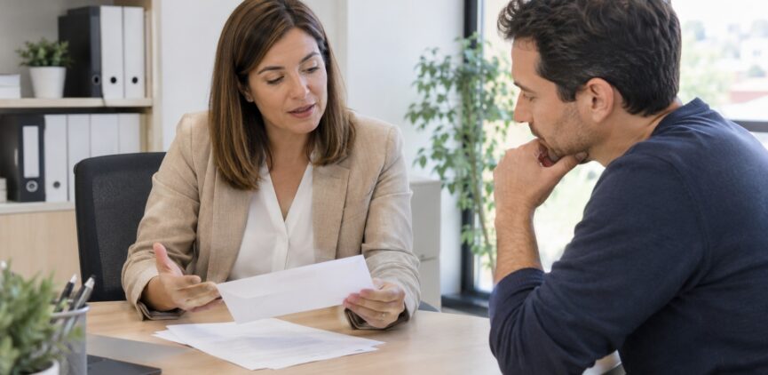 Asesora fiscal revisando documentación con un cliente en la oficina.